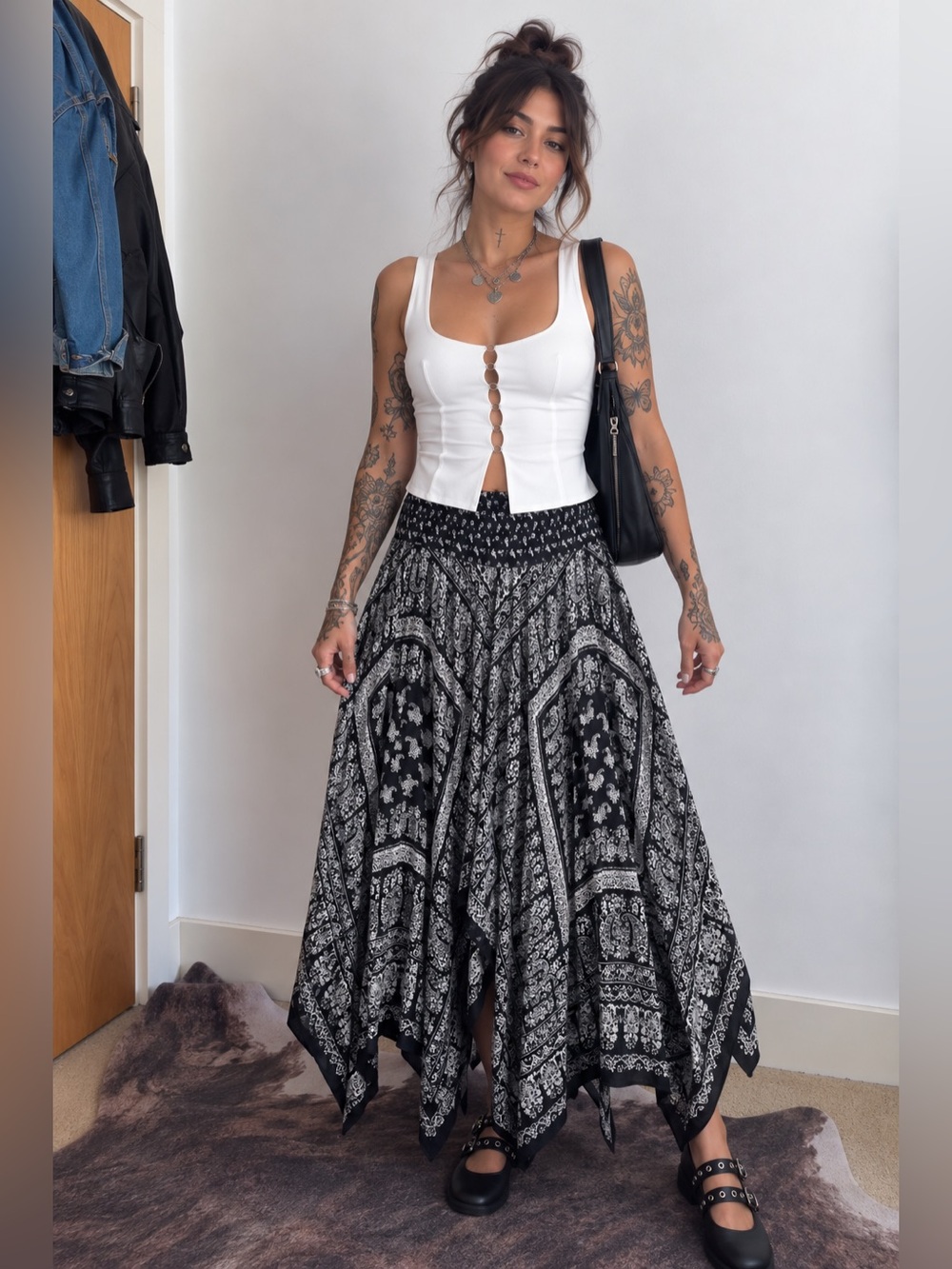 black white paisley maxi skirt xxl handkerchief hem elastic waist draped by bila